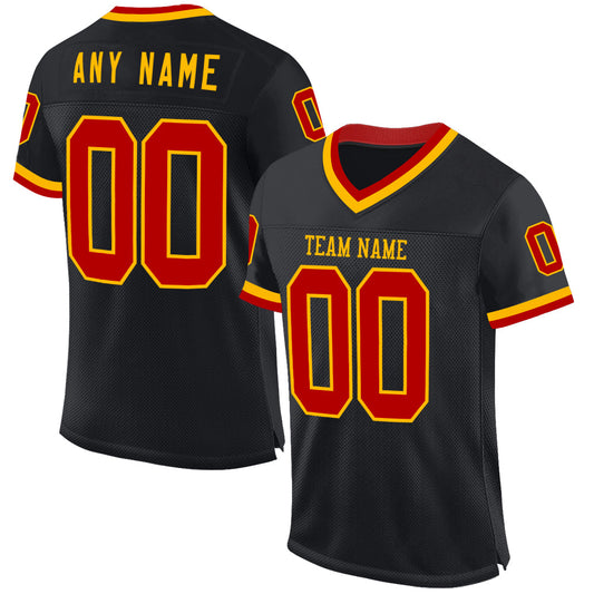 Custom Black Red-Gold Mesh Authentic Throwback Football Jersey Limited