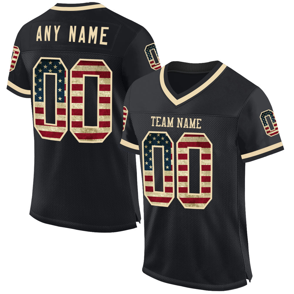 Custom Black Vintage USA Flag-Cream Mesh Authentic Throwback Football Jersey Limited