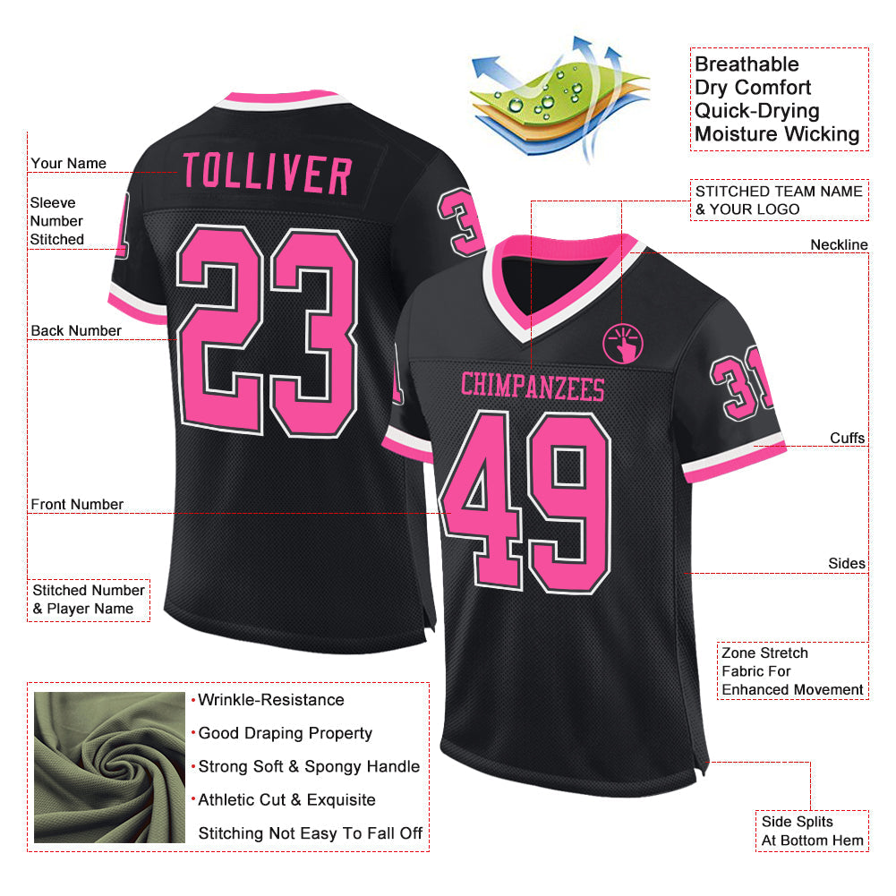 Custom Black Pink-White Mesh Authentic Throwback Football Jersey Limited