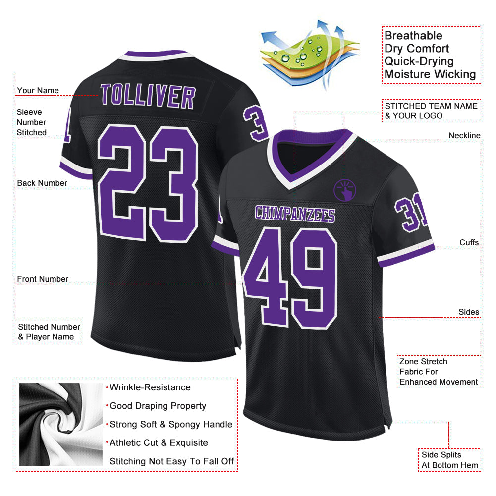 Custom Black Purple-White Mesh Authentic Throwback Football Jersey Limited