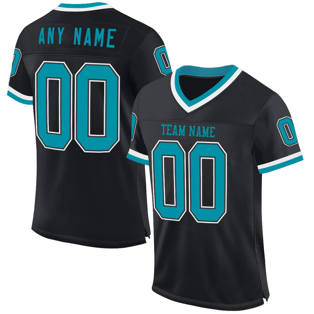 Custom Black Teal-White Mesh Authentic Throwback Football Jersey Limited