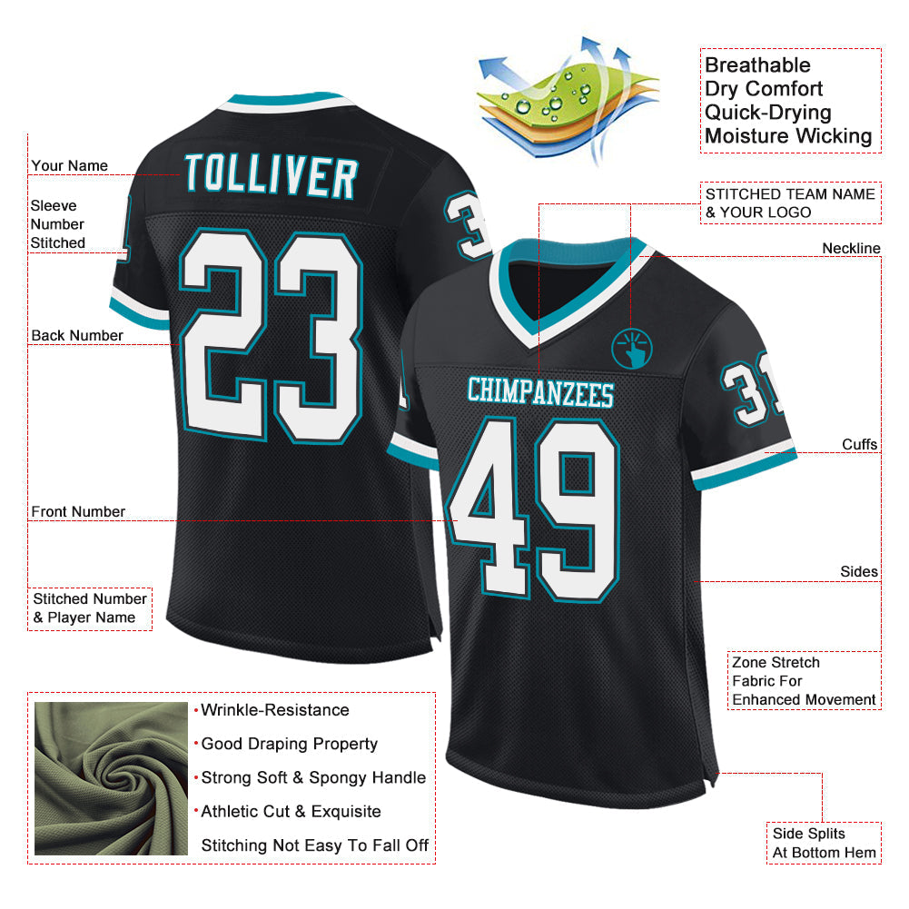 Custom Black White-Teal Mesh Authentic Throwback Football Jersey Limited