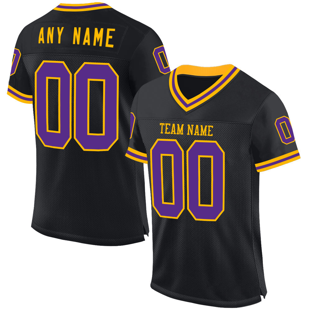 Custom Black Purple-Gold Mesh Authentic Throwback Football Jersey Limited