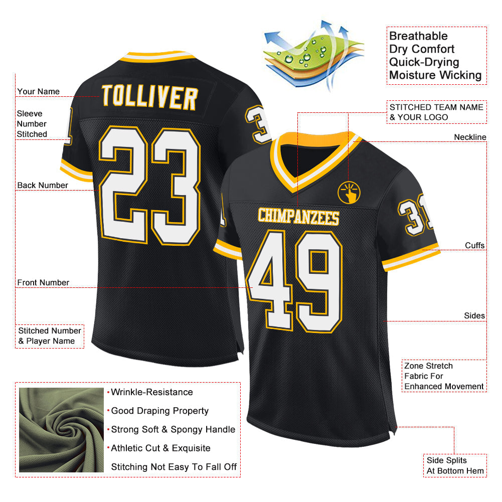 Custom Black White-Gold Mesh Authentic Throwback Football Jersey Limited