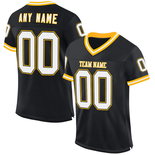 Custom Black White-Gold Mesh Authentic Throwback Football Jersey Limited