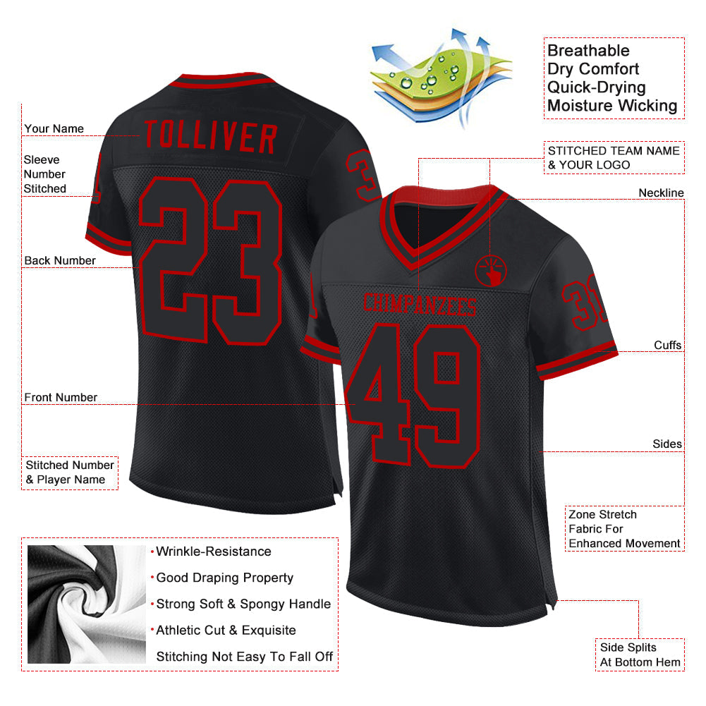 Custom Black Red Mesh Authentic Throwback Football Jersey Limited