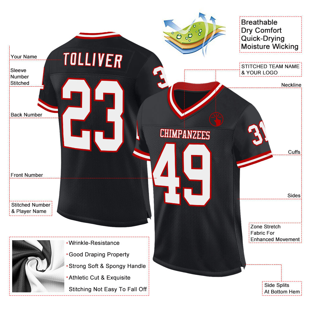 Custom Black White-Red Mesh Authentic Throwback Football Jersey Limited
