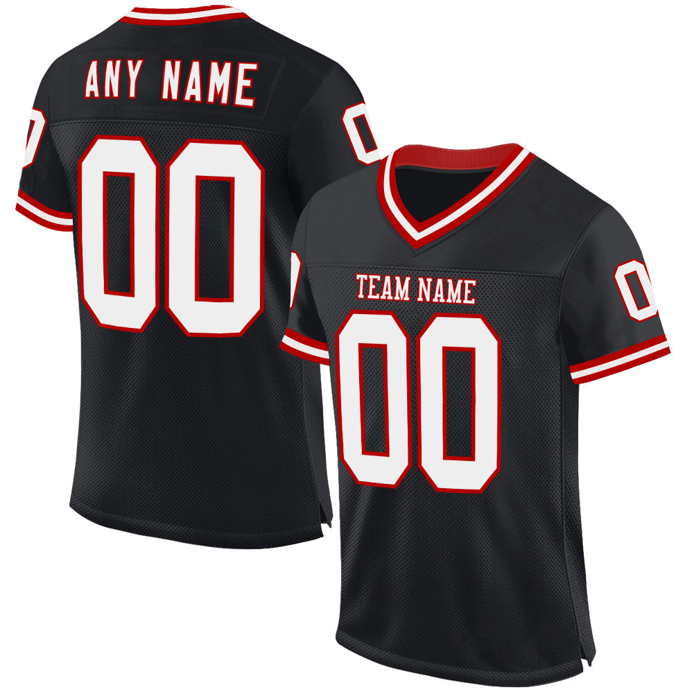 Custom Black White-Red Mesh Authentic Throwback Football Jersey Limited