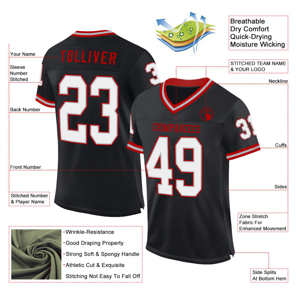 Custom Black Gray-Red Mesh Authentic Throwback Football Jersey Limited