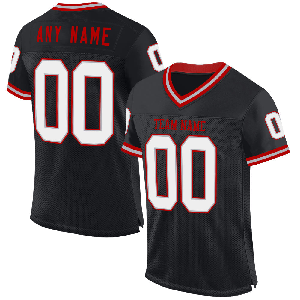 Custom Black Gray-Red Mesh Authentic Throwback Football Jersey Limited