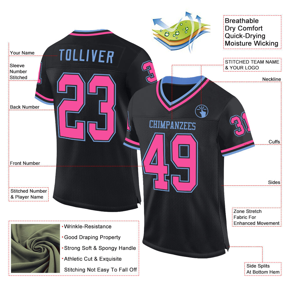 Custom Black Pink-Light Blue Mesh Authentic Throwback Football Jersey Limited