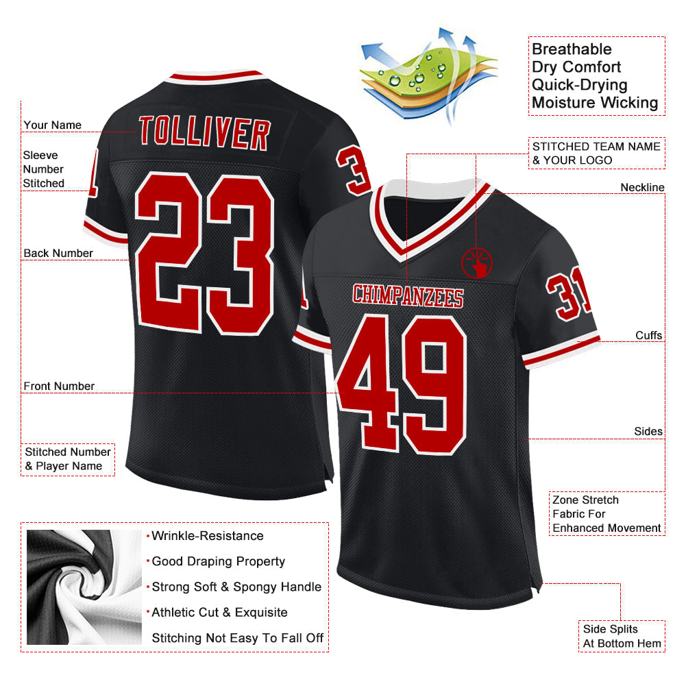 Custom Black Red-White Mesh Authentic Throwback Football Jersey Limited