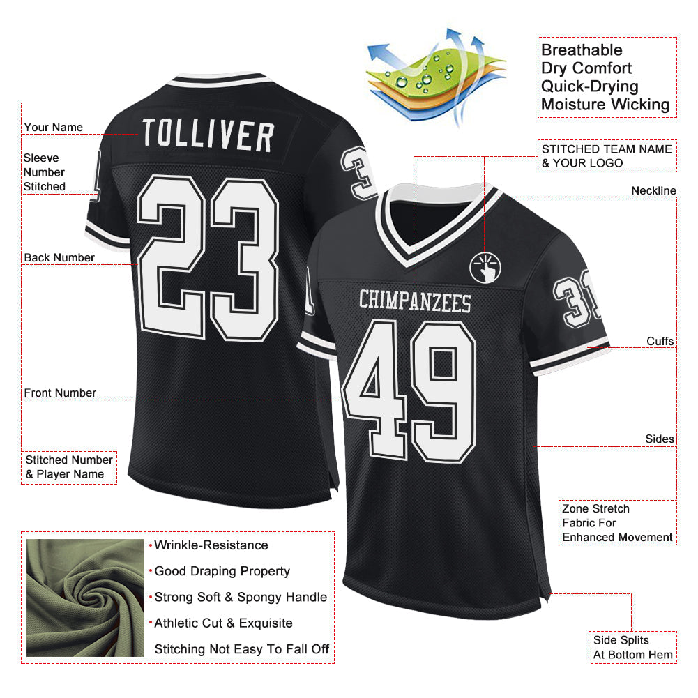 Custom Black White Mesh Authentic Throwback Football Jersey Limited