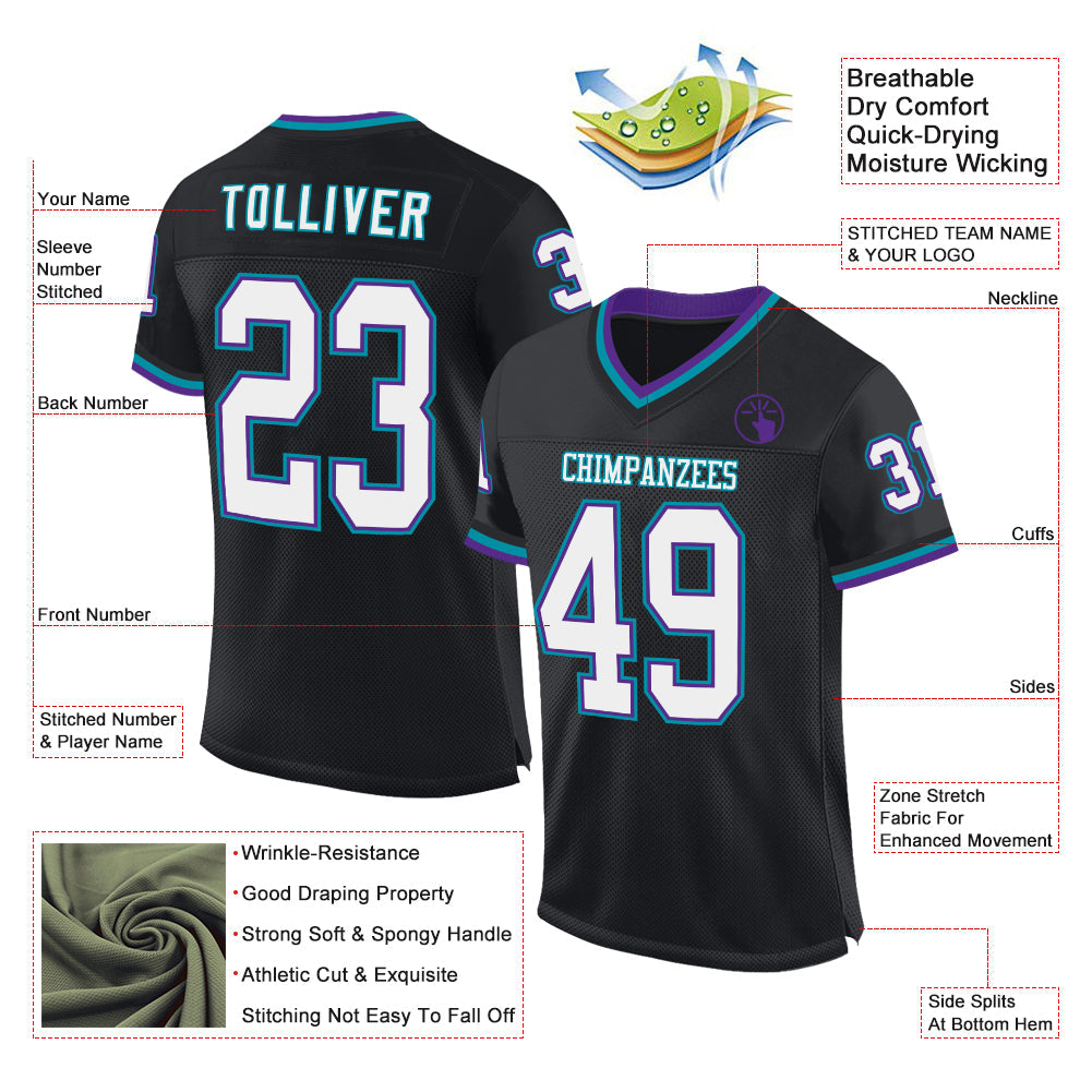 Custom Black Purple-Teal Mesh Authentic Throwback Football Jersey Limited