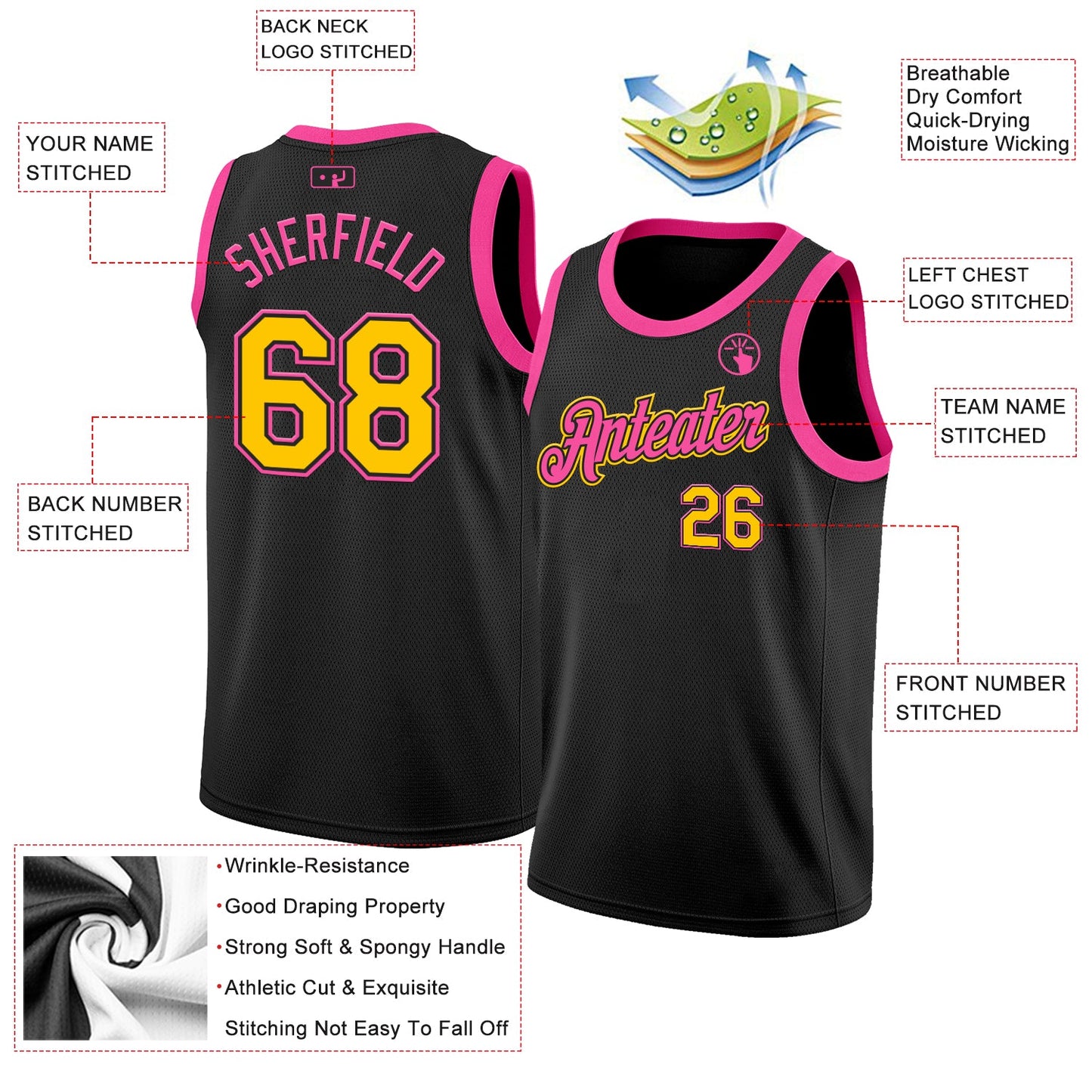 Custom Black Yellow-Pink Authentic Basketball Jersey Limited