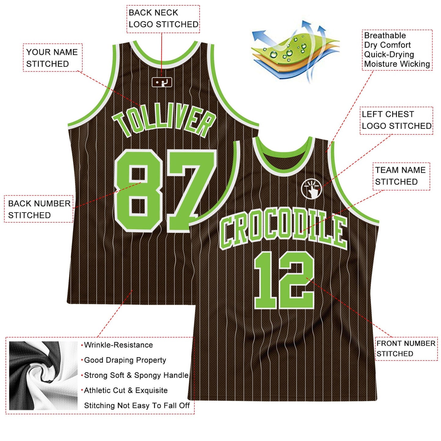 Custom Brown White Pinstripe Neon Green Authentic Basketball Jersey Limited