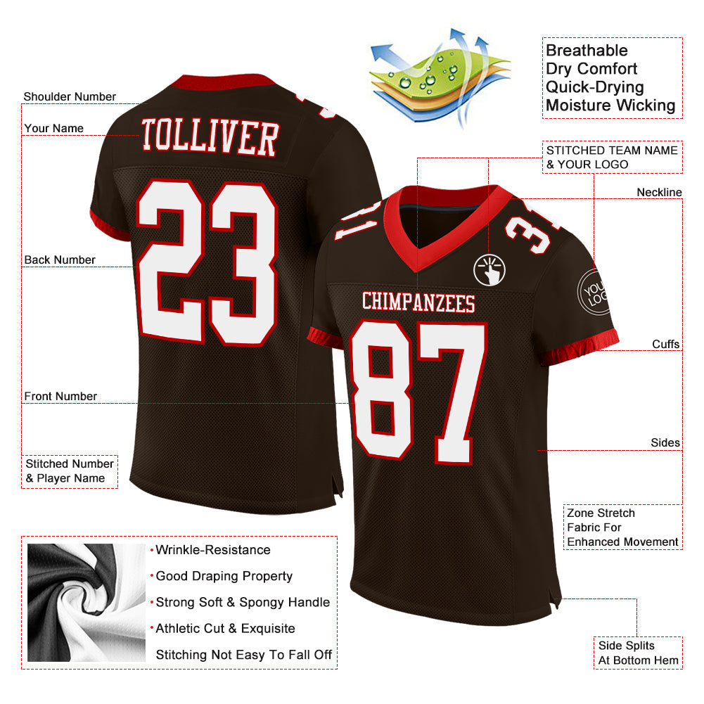 Custom Brown White-Red Mesh Authentic Football Jersey Limited