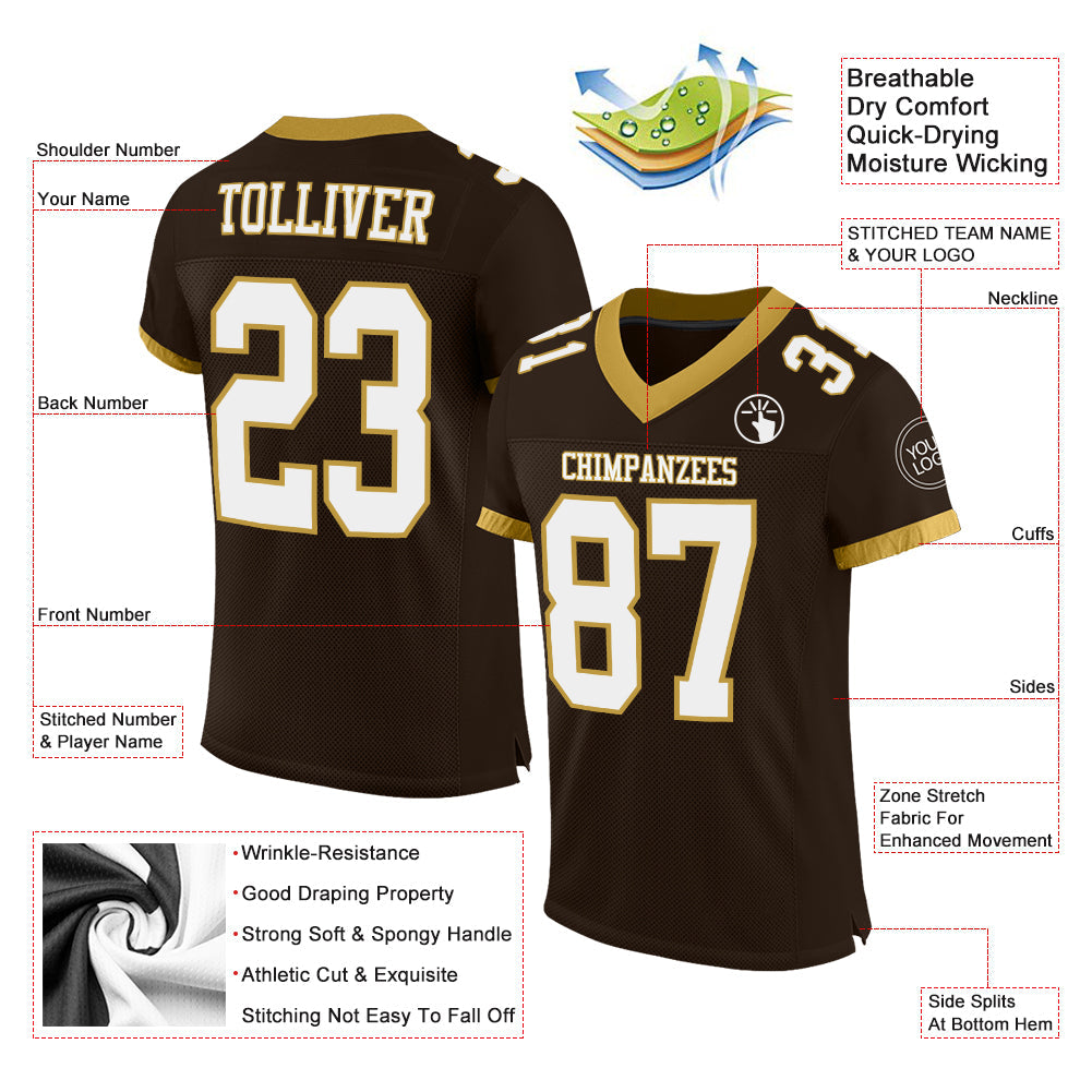 Custom Brown White-Old Gold Mesh Authentic Football Jersey Limited
