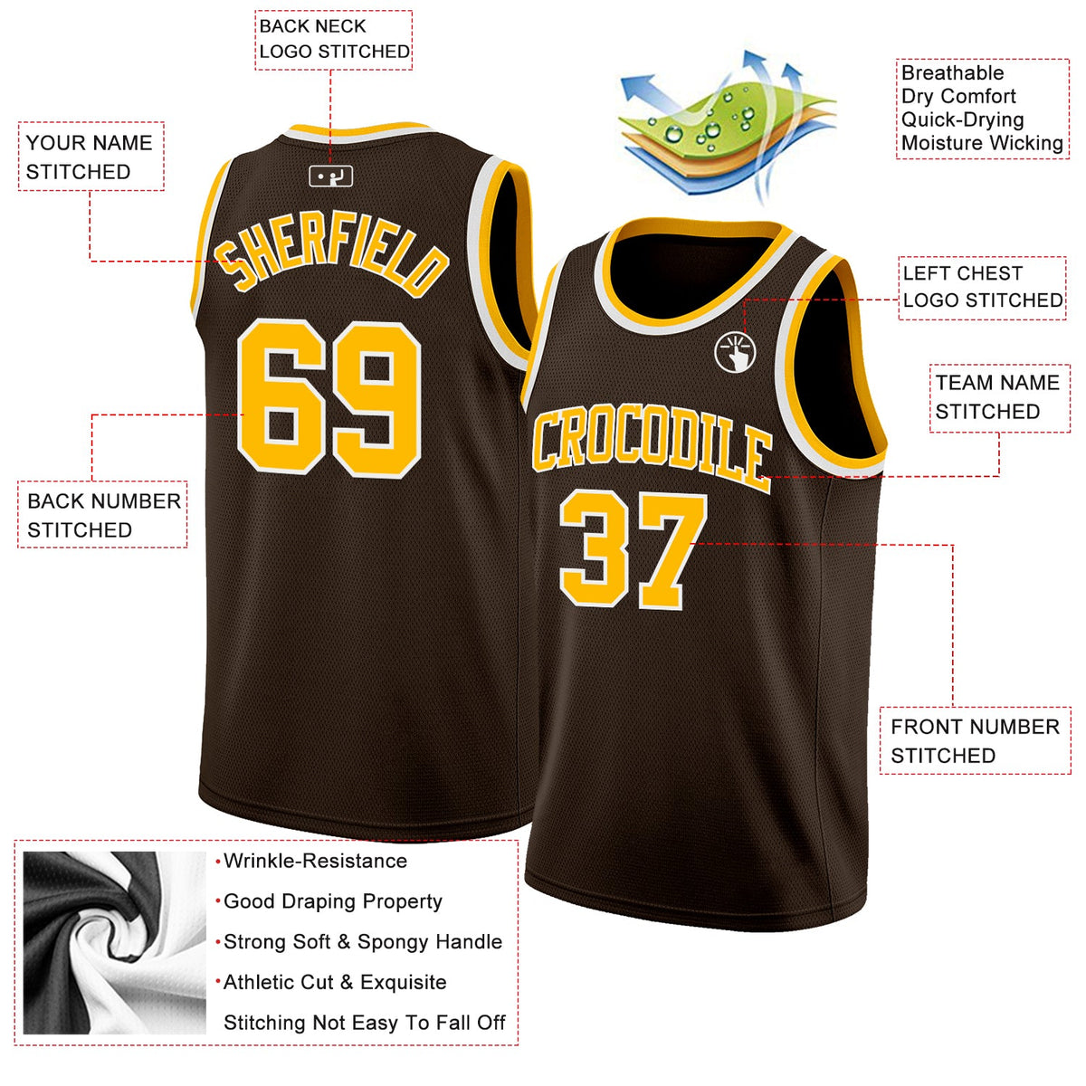 Custom Brown Gold-White Authentic Basketball Jersey Limited