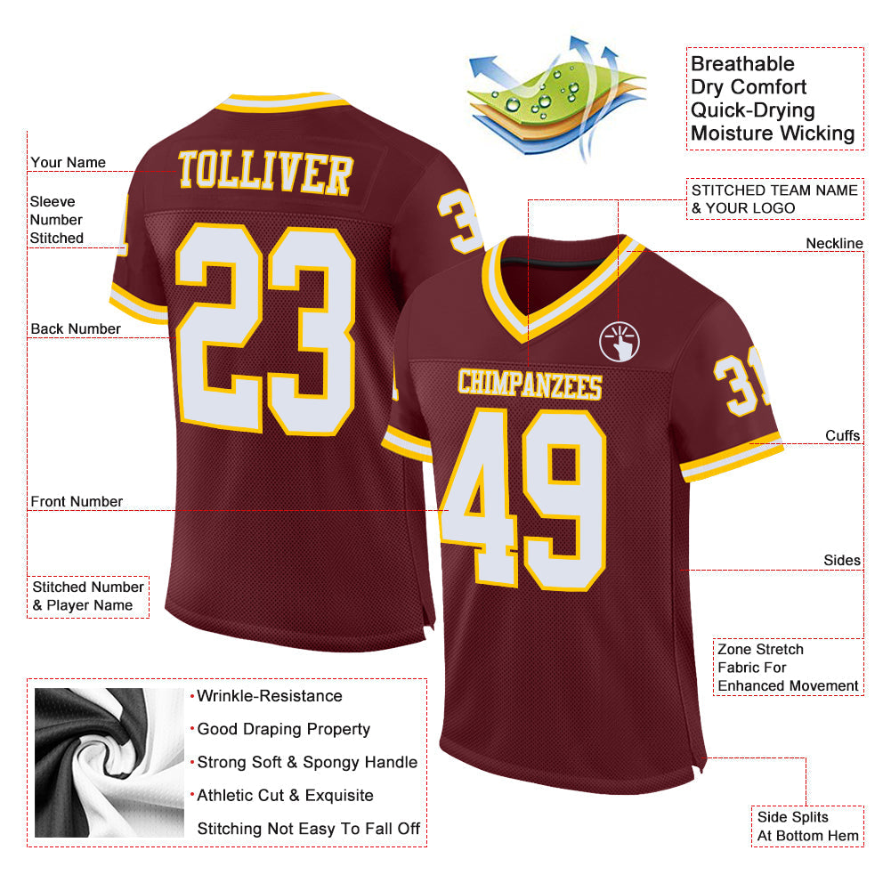 Custom Burgundy White-Gold Mesh Authentic Throwback Football Jersey Limited