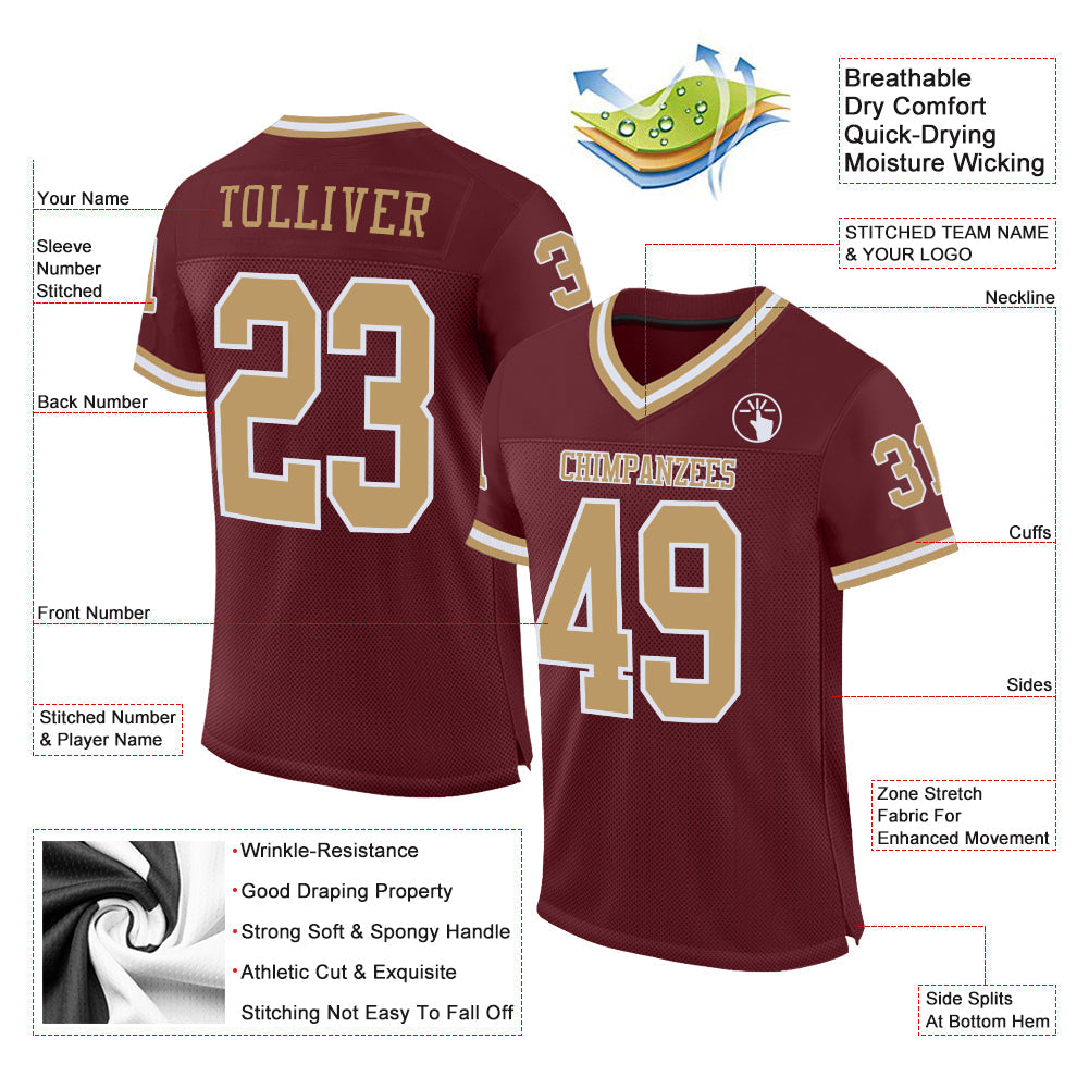 Custom Burgundy Old Gold-White Mesh Authentic Throwback Football Jersey Limited