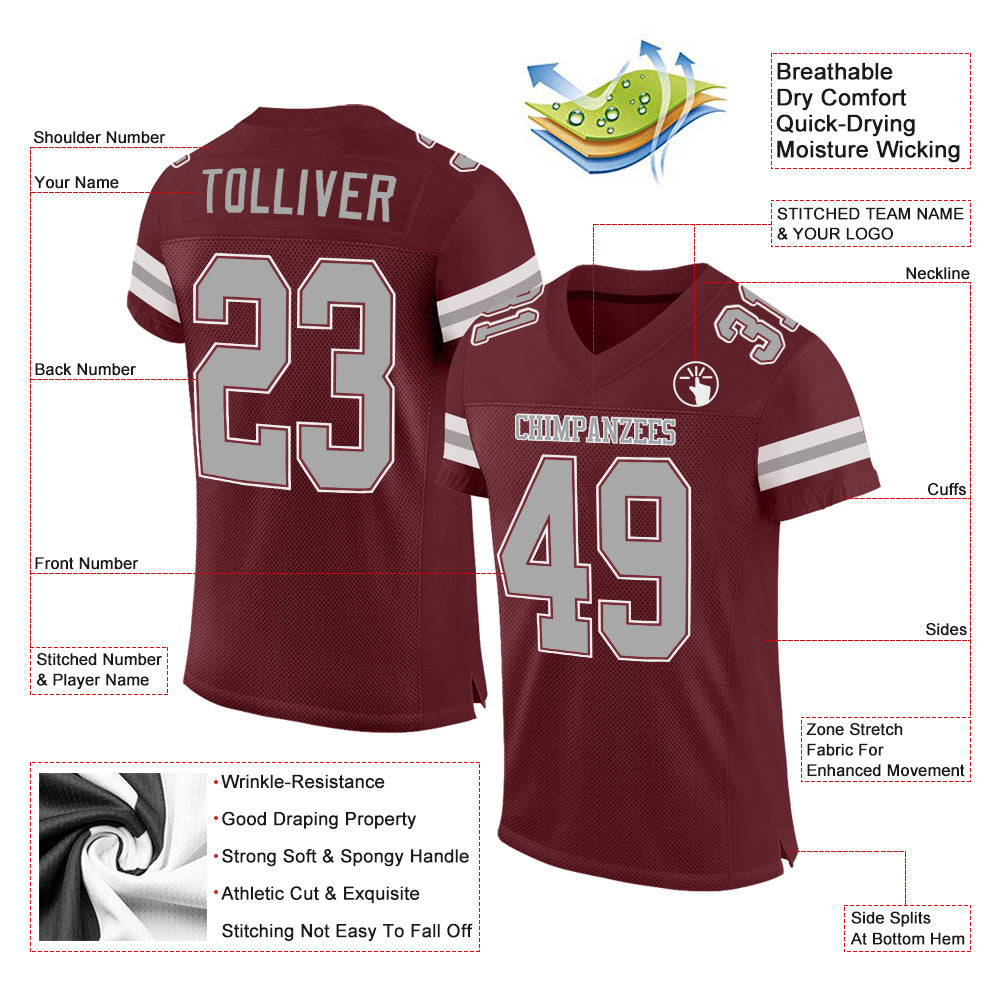 Custom Burgundy Gray-White Mesh Authentic Football Jersey Limited