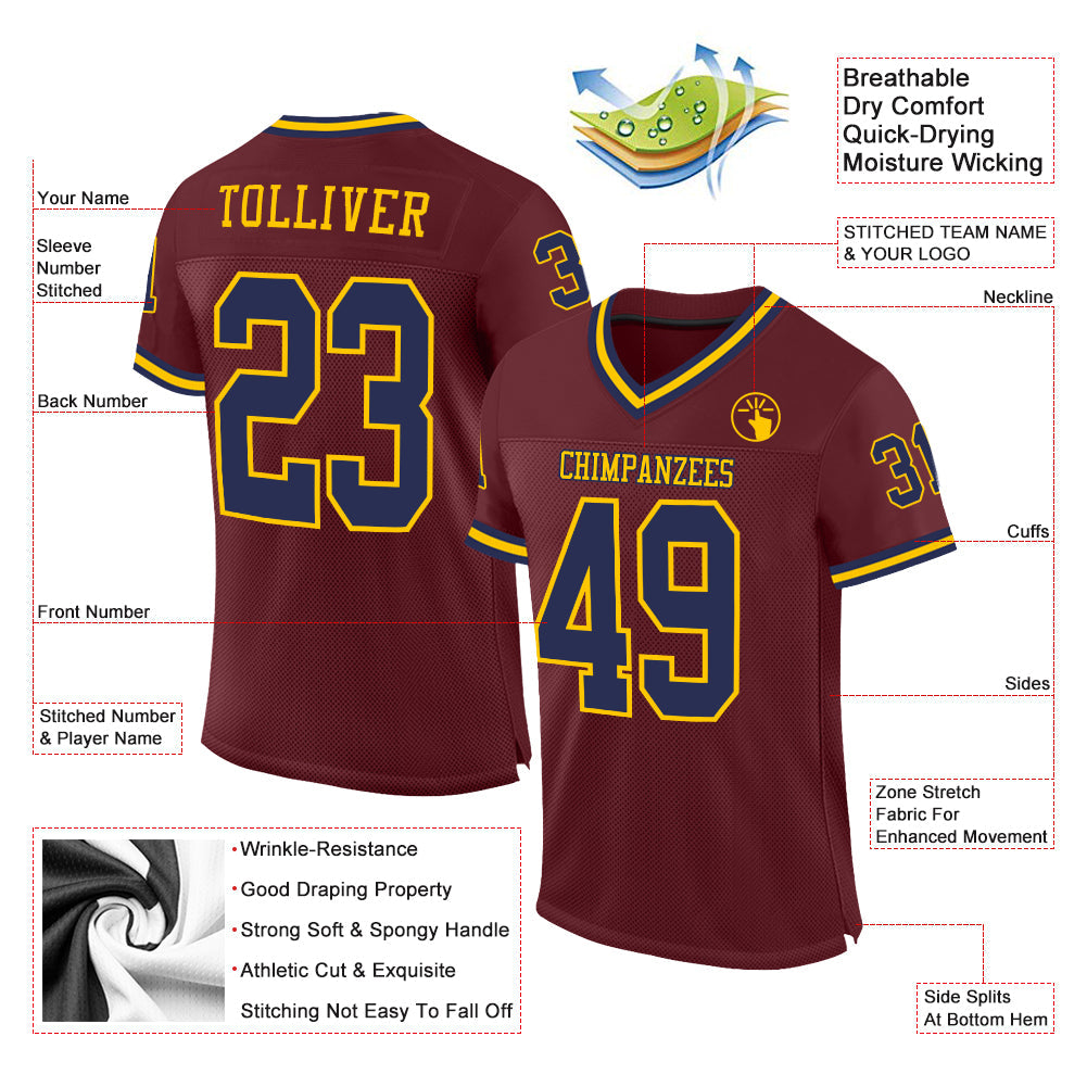 Custom Burgundy Navy-Gold Mesh Authentic Throwback Football Jersey Limited