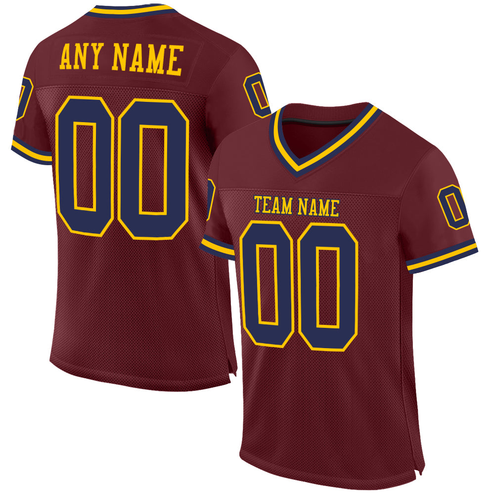 Custom Burgundy Navy-Gold Mesh Authentic Throwback Football Jersey Limited