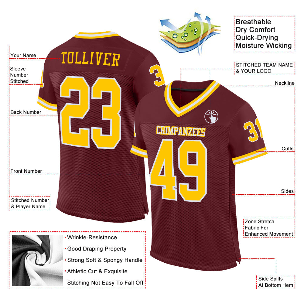 Custom Burgundy Gold-White Mesh Authentic Throwback Football Jersey Limited