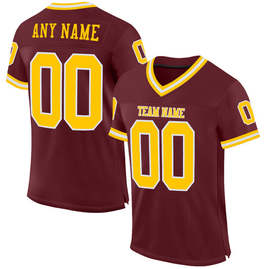 Custom Burgundy Gold-White Mesh Authentic Throwback Football Jersey Limited