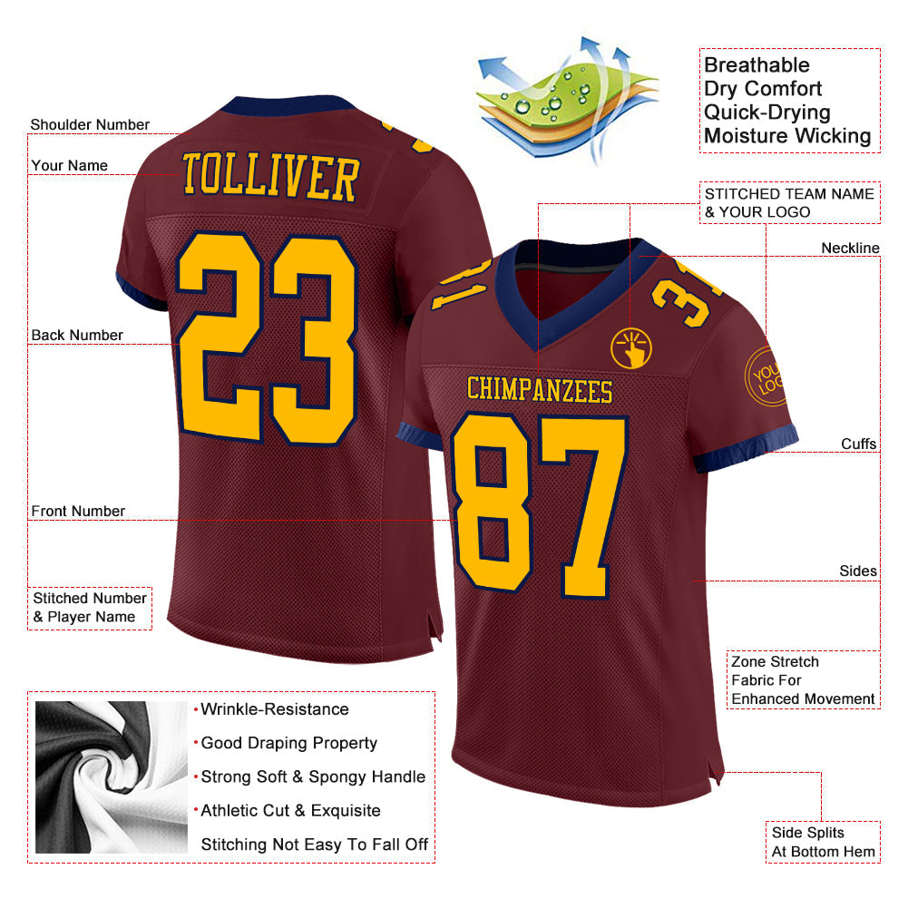 Custom Burgundy Gold-Navy Mesh Authentic Football Jersey Limited