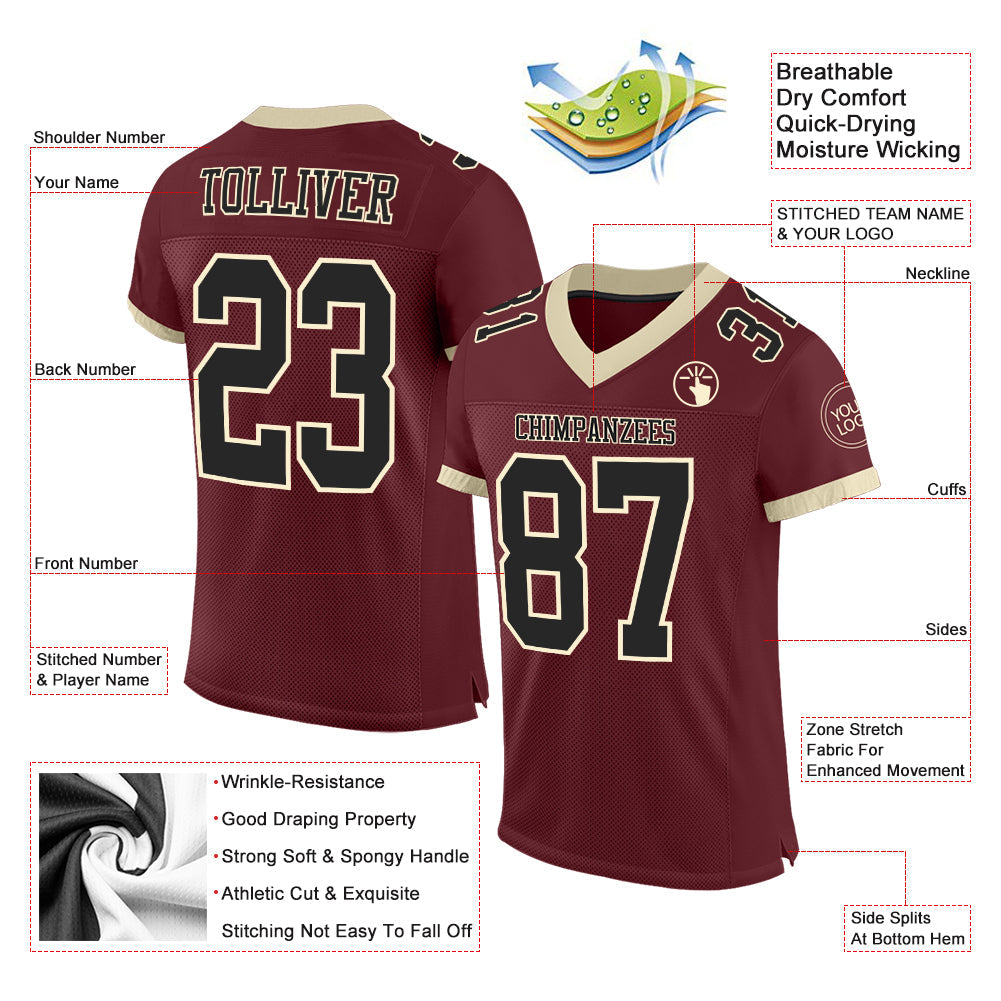 Custom Burgundy Black-Cream Mesh Authentic Football Jersey Limited
