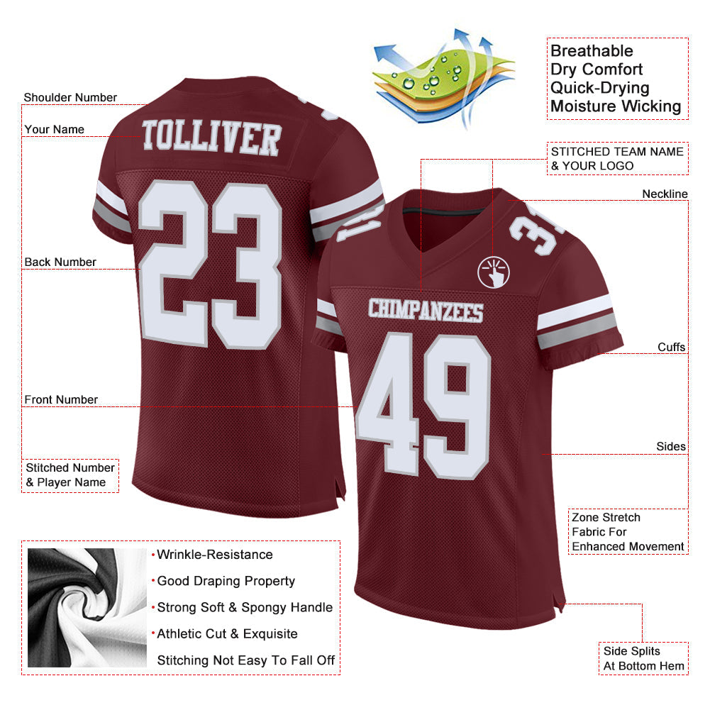Custom Burgundy White-Gray Mesh Authentic Football Jersey Limited
