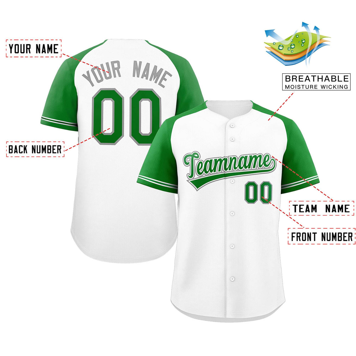Custom White Green-White Raglan Sleeves Authentic Baseball Jersey Limited