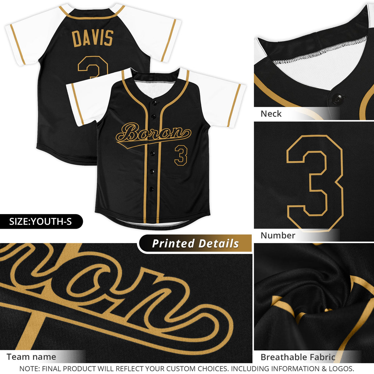 Custom Black Gold Raglan Sleeves Authentic Baseball Jersey Limited