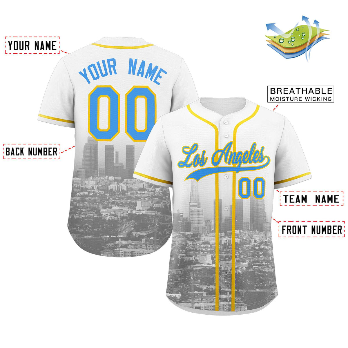 Custom White Powder Blue-Yellow Los Angeles City Connect Baseball Jersey Limited