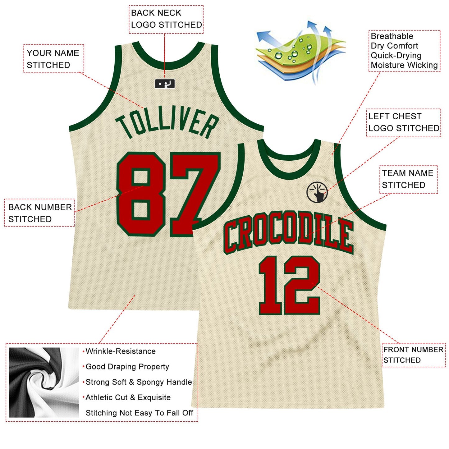 Custom Cream Red-Green Authentic Throwback Basketball Jersey Limited