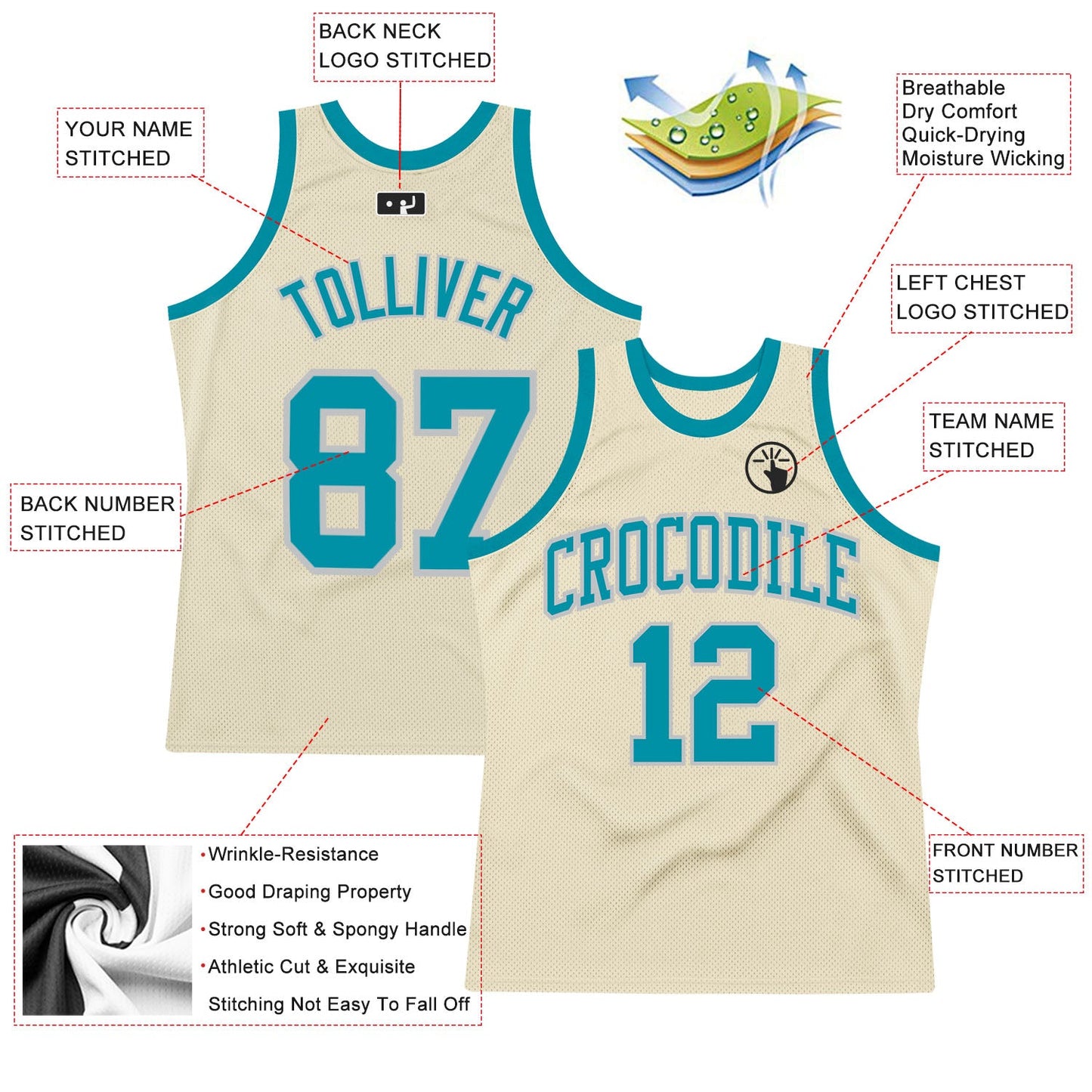 Custom Cream Teal-Gray Authentic Throwback Basketball Jersey Limited