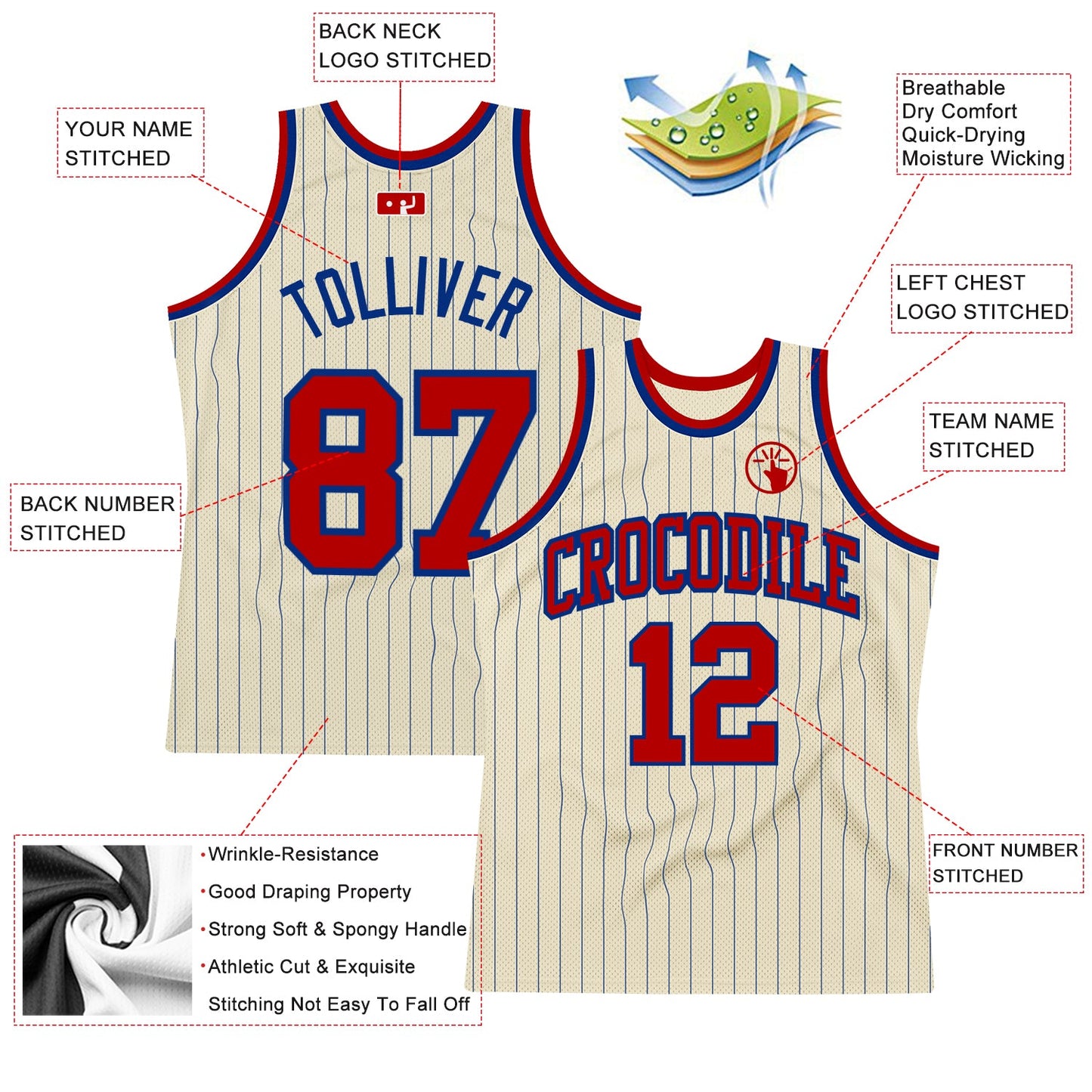 Custom Cream Royal Pinstripe Red Authentic Basketball Jersey Limited