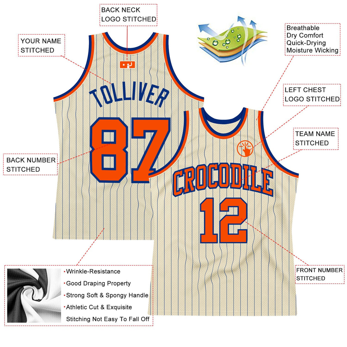 Custom Cream Royal Pinstripe Orange Authentic Basketball Jersey Limited