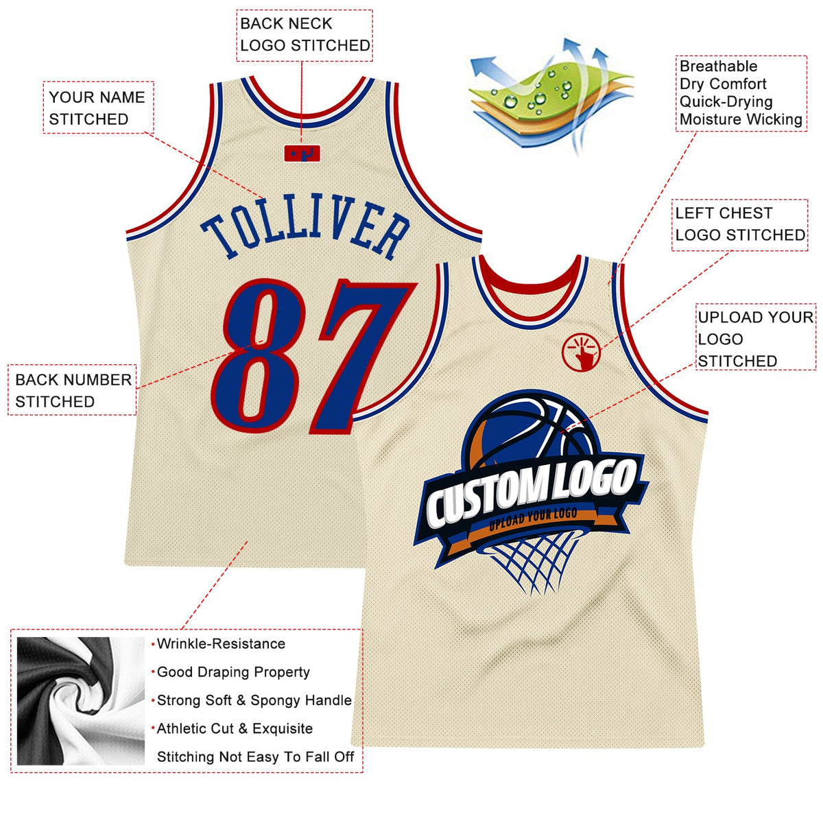 Custom Cream Royal Red-White Authentic Throwback Basketball Jersey Limited