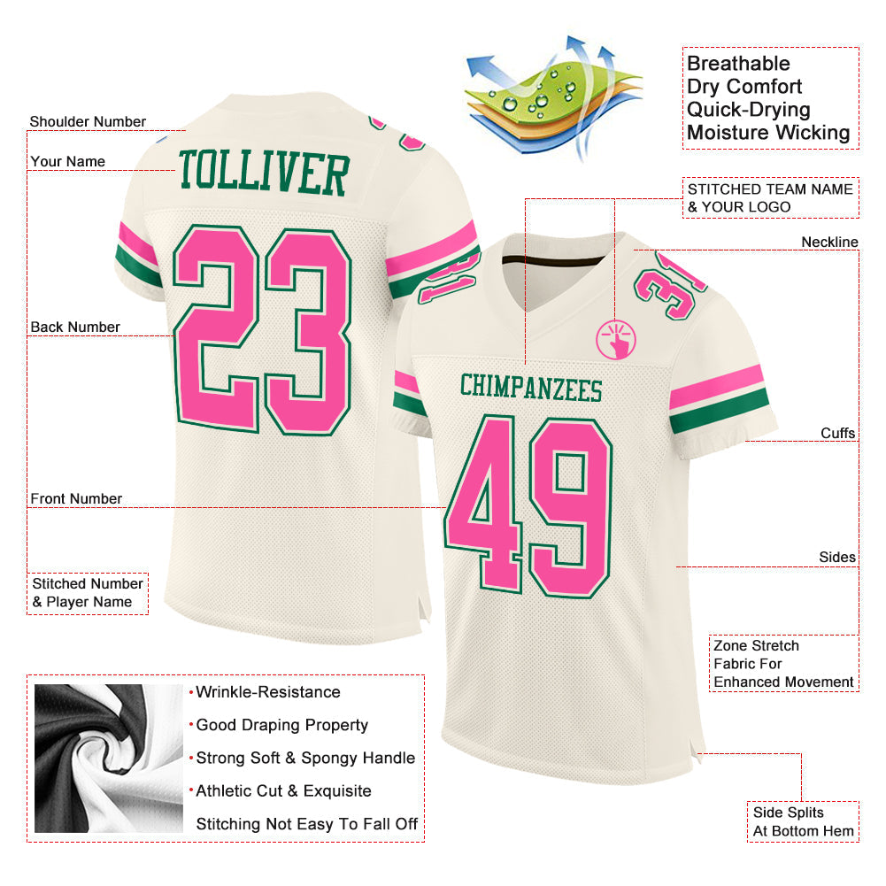 Custom Cream Pink-Kelly Green Mesh Authentic Football Jersey Limited