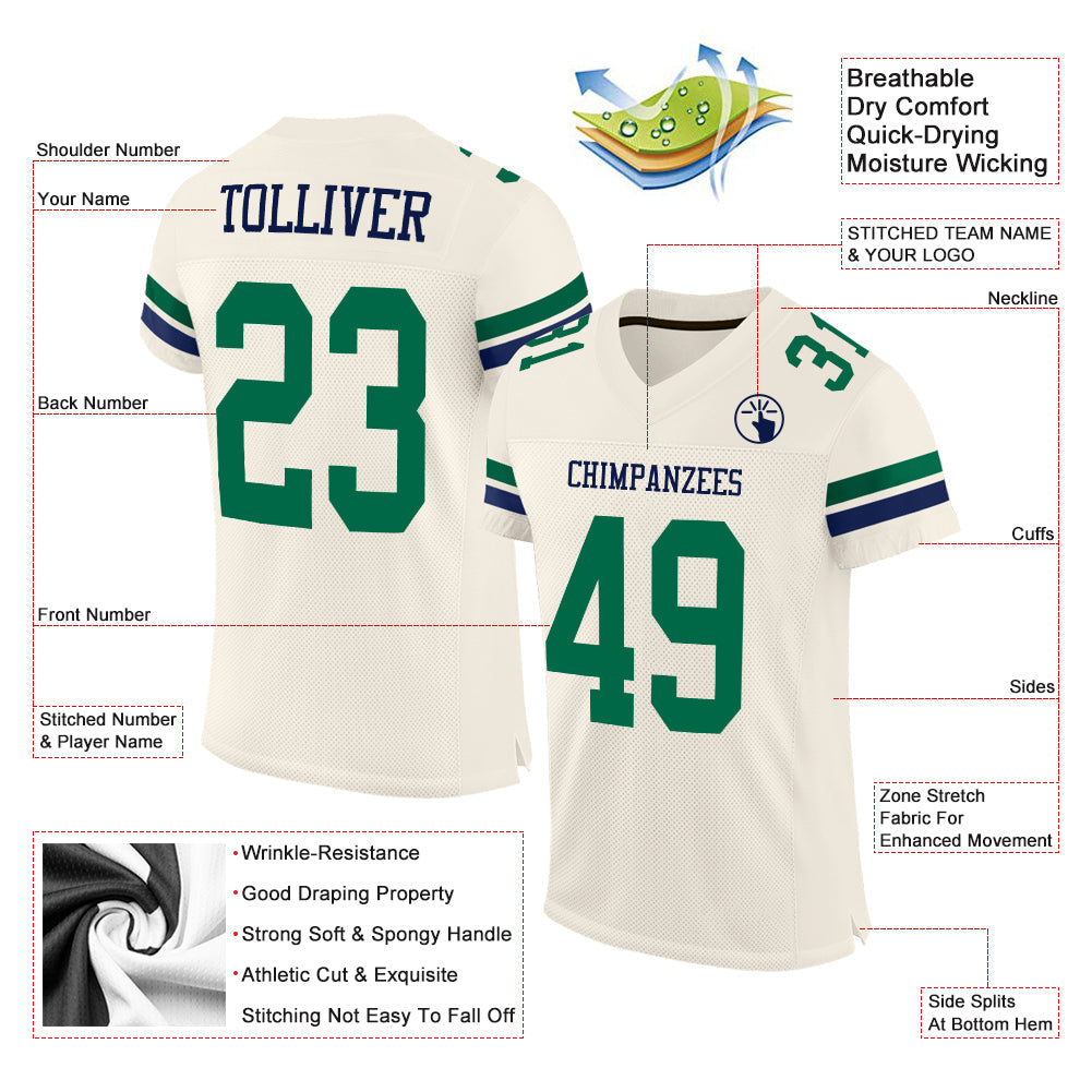 Custom Cream Kelly Green-Navy Mesh Authentic Football Jersey Limited
