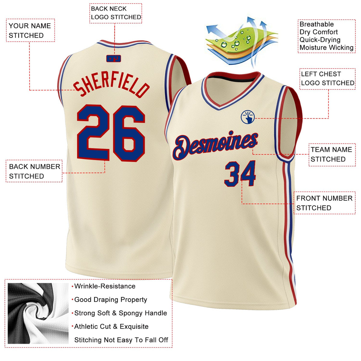 Custom Cream Royal-Red Authentic Throwback Basketball Jersey Limited