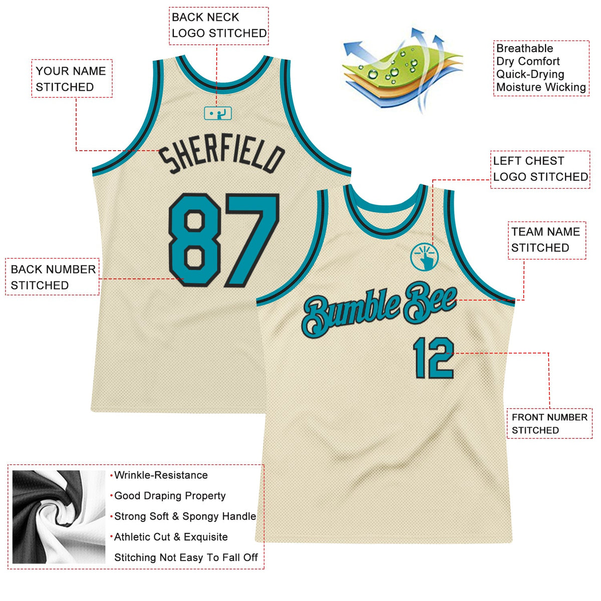 Custom Cream Teal-Black Authentic Throwback Basketball Jersey Limited