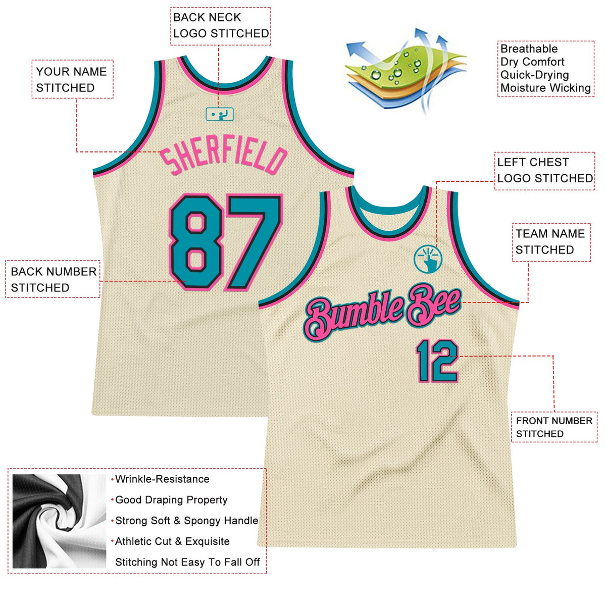Custom Cream Teal Black-Pink Authentic Throwback Basketball Jersey Limited