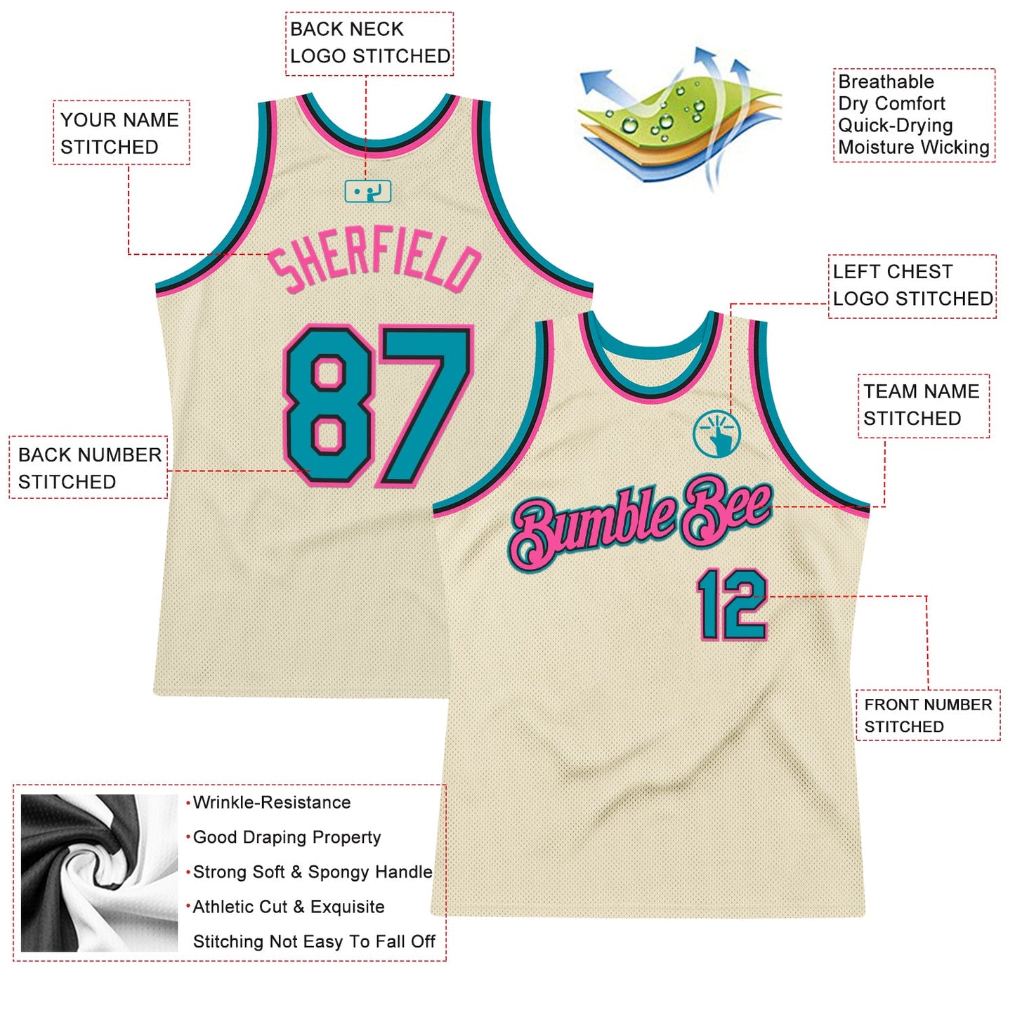 Custom Cream Teal Black-Pink Authentic Throwback Basketball Jersey Limited
