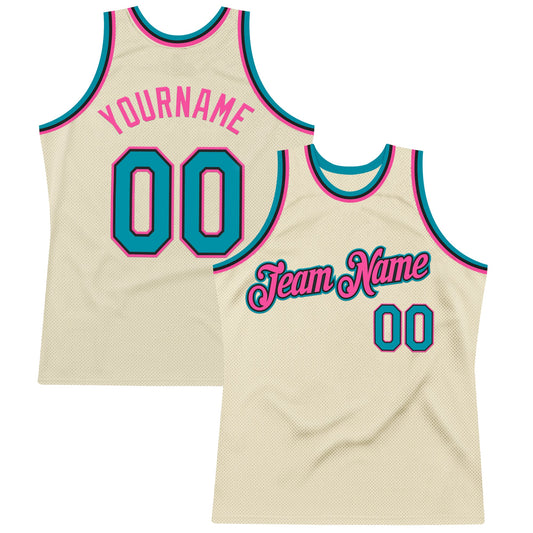 Custom Cream Teal Black-Pink Authentic Throwback Basketball Jersey