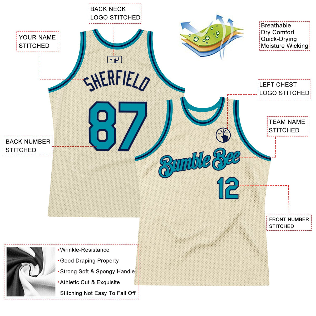 Custom Cream Teal-Navy Authentic Throwback Basketball Jersey Limited
