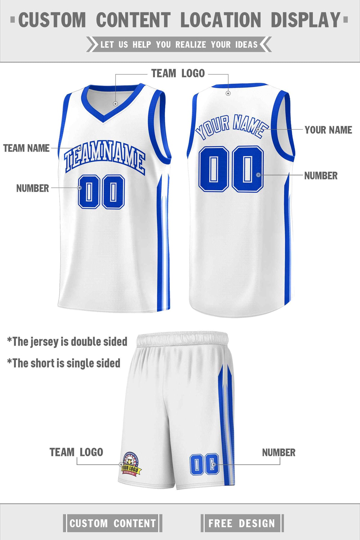 Custom White Royal Classic Sets Sports Uniform Basketball Jersey Limited